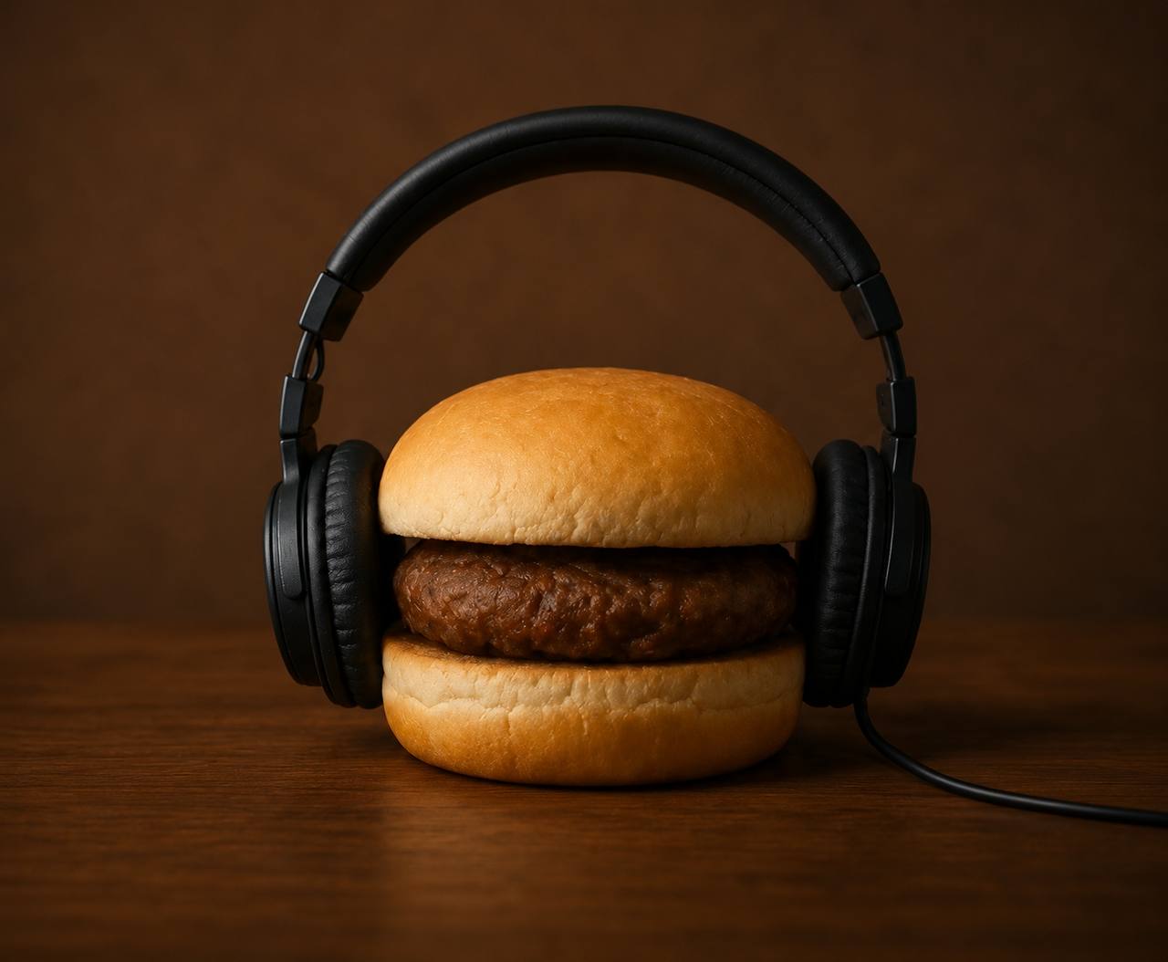burger wearing headphones on a wooden table